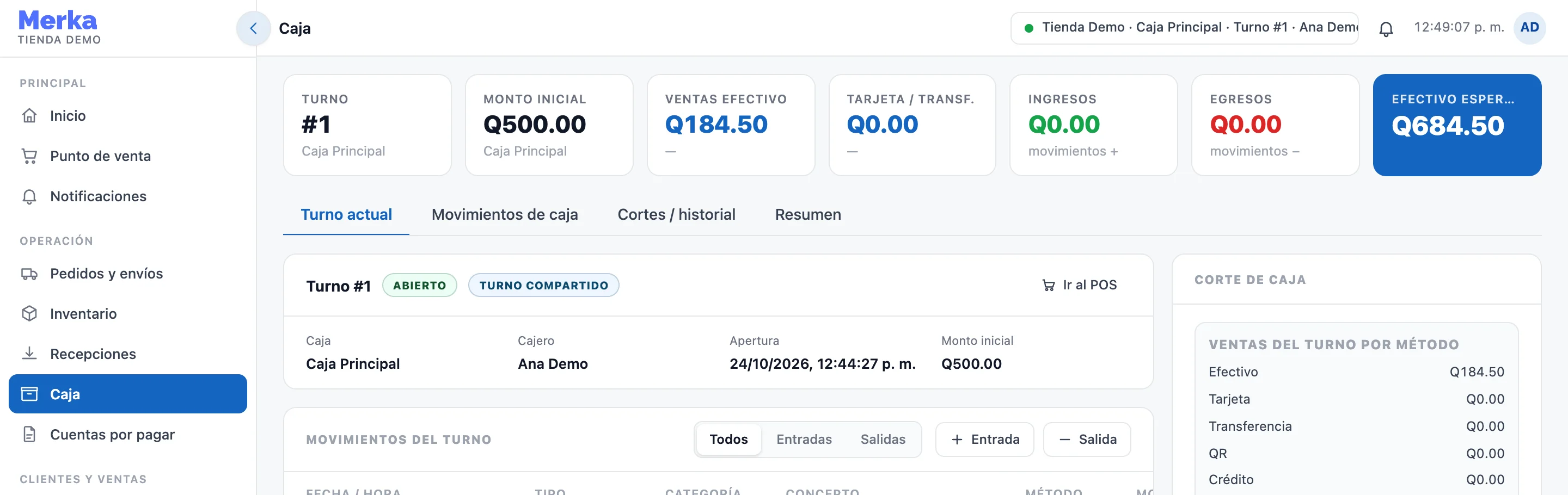 Caja de MERKA POS: turno abierto, monto inicial, ventas en efectivo, efectivo esperado y ventas del turno por método