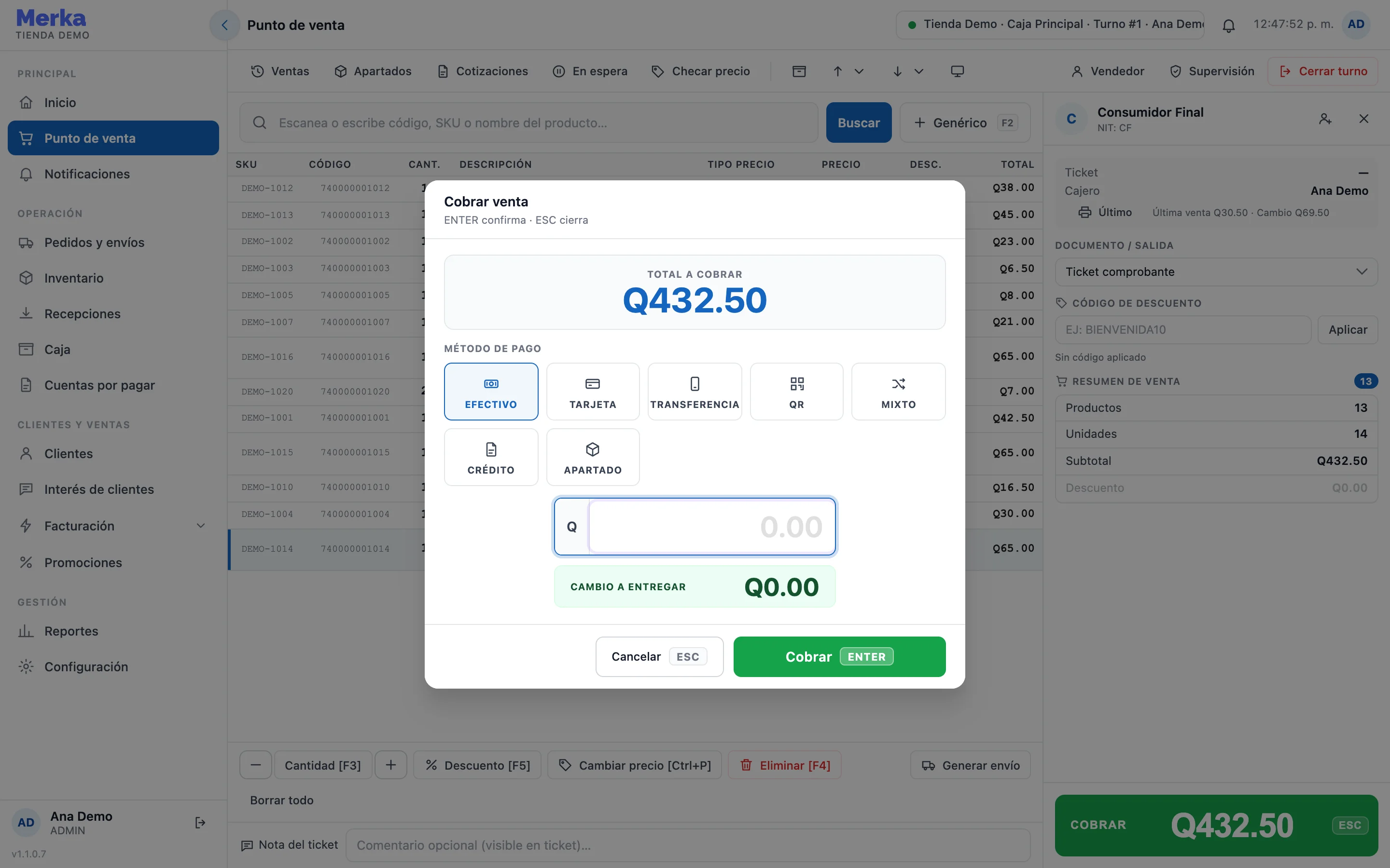 Ventana Cobrar venta de MERKA POS con los métodos de pago: efectivo, tarjeta, transferencia, QR, mixto, crédito y apartado