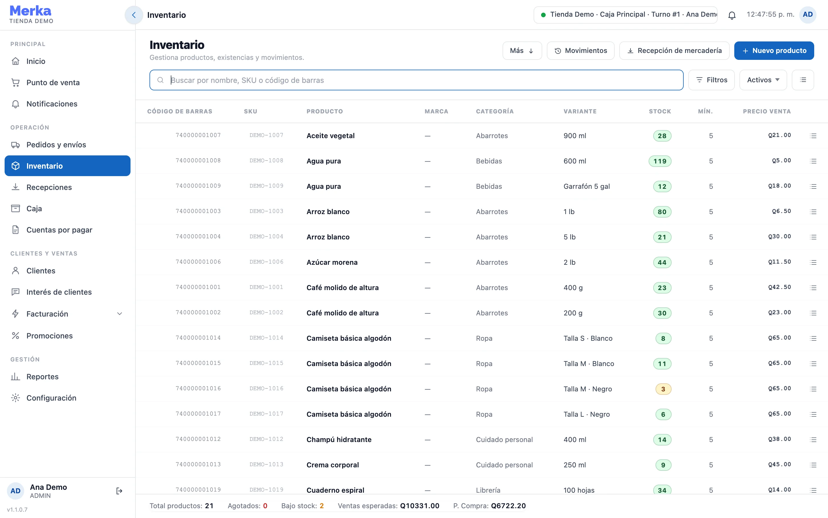 Inventario de MERKA POS con productos, variantes por talla y presentación, existencias y precios (negocio de demostración)