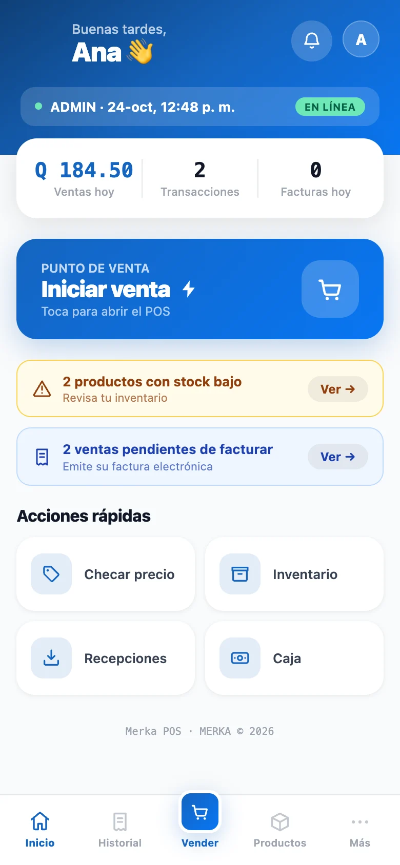 MERKA POS en el teléfono: ventas del día, acceso rápido a vender, alertas de stock bajo y acciones rápidas